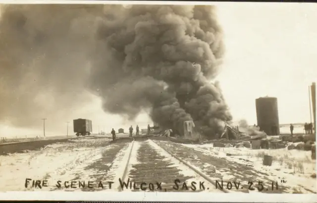 Fire scene at Wilcox, rail tracks and smoke